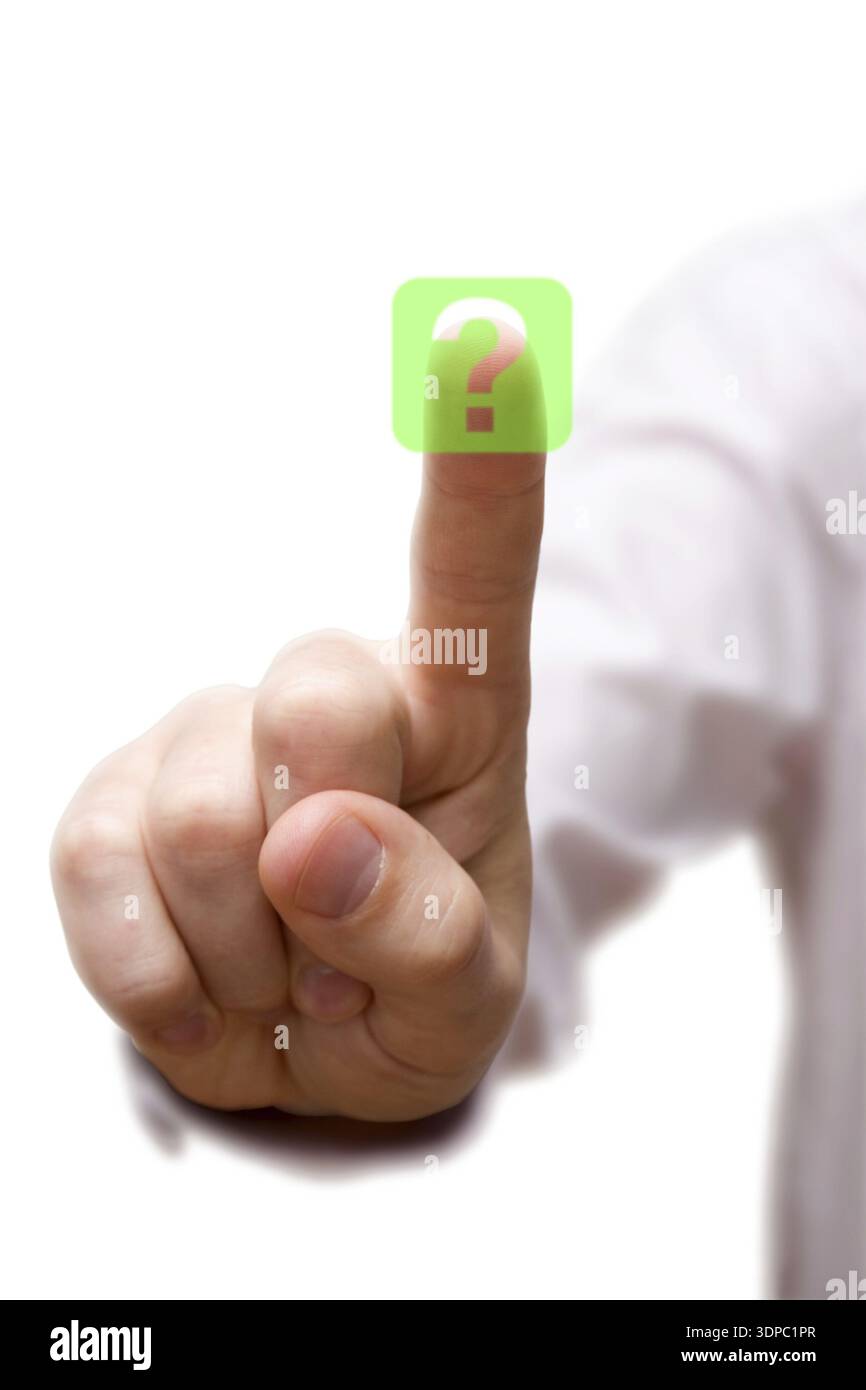Finger pressing Question Button on white background Stock Photo