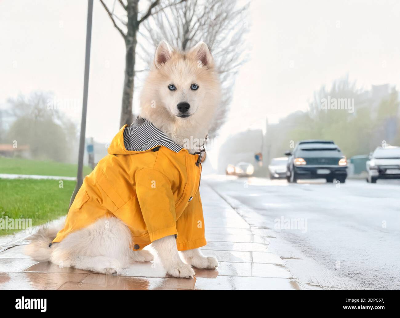 pomsky and raincoat in a city background Stock Photo