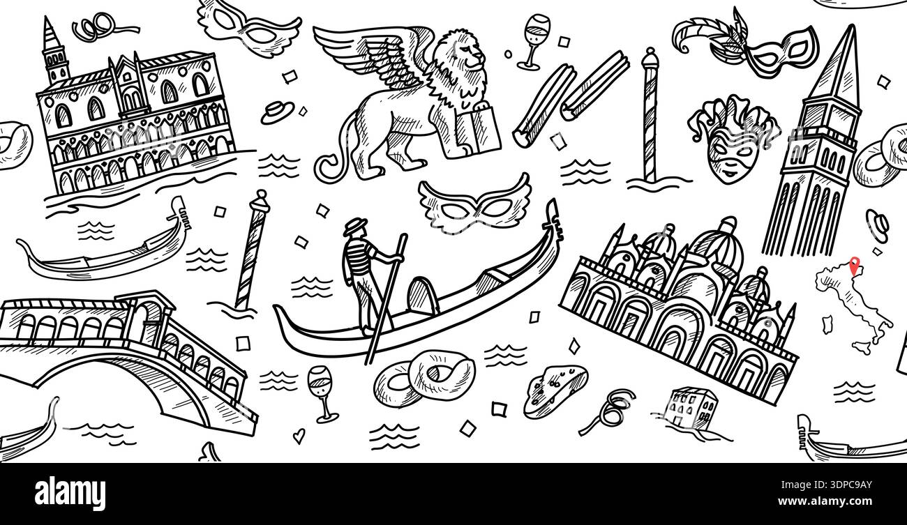 Horizontal vector banner, Venice theme, black and white doodle style Stock Vector