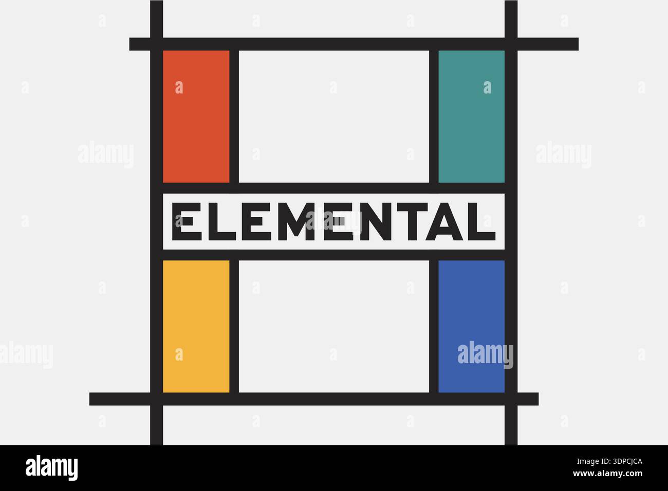 Geometric grid poster with elemental text and colored blocks within a black line framework Stock Vector