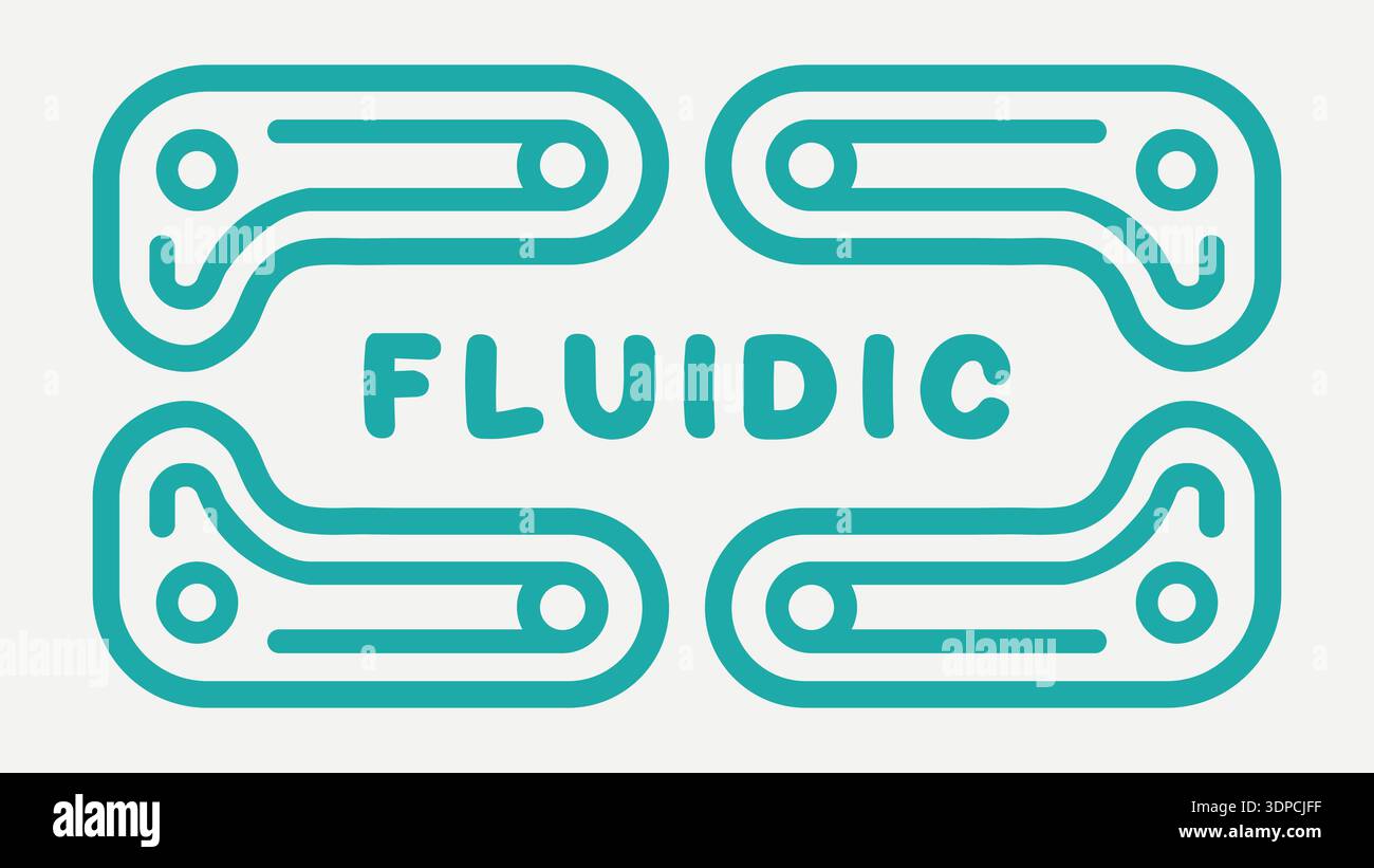 Circuit style label with fluidic text surrounded by rounded trace lines in teal Stock Vector