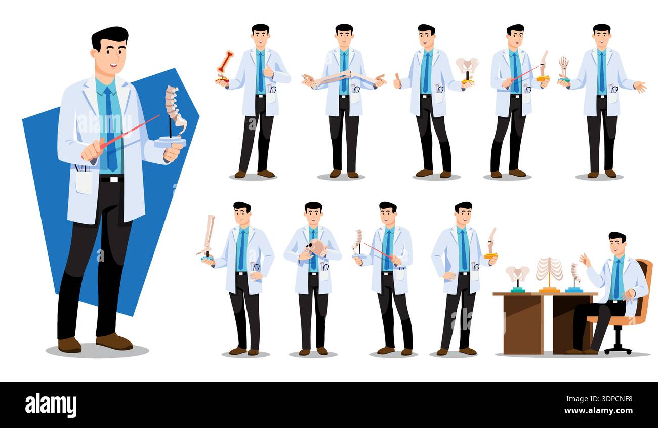 Male orthopedist doctor character set holding anatomy bone models. Flat ...