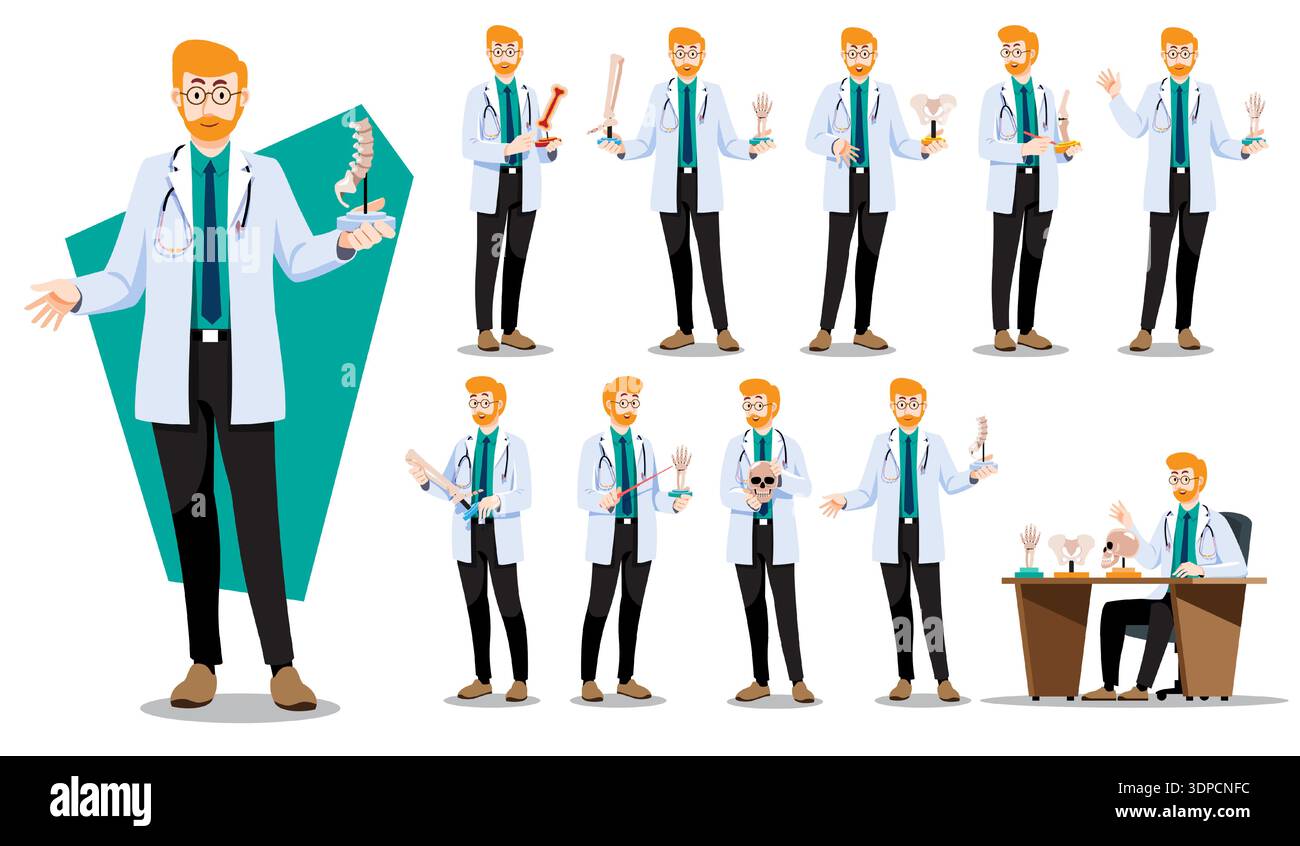 Male orthopedist doctor character set holding anatomy bone models. Flat ...