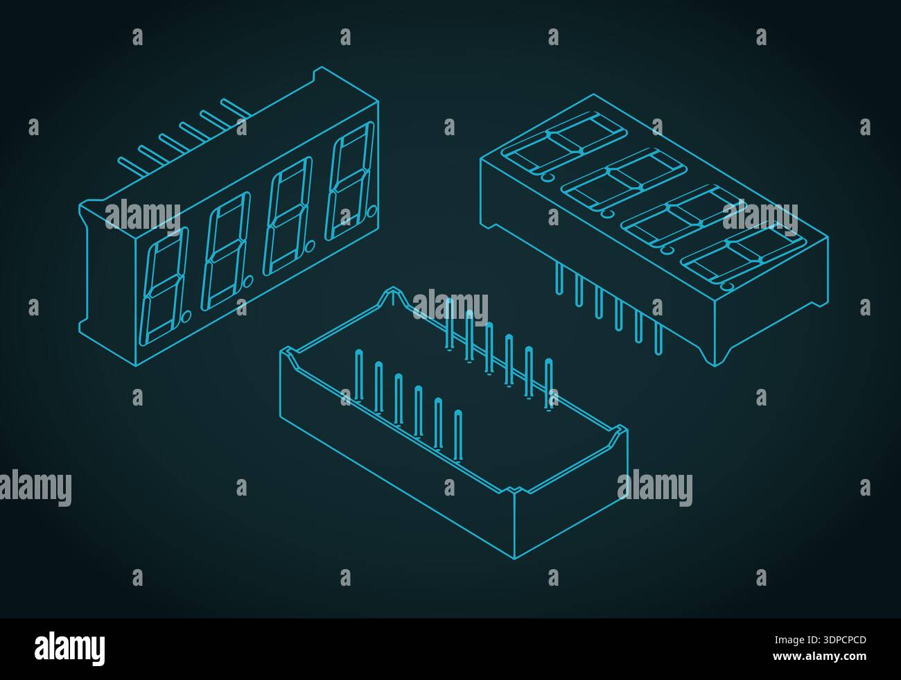 4 Digit 7-Segment LED Display isometric blueprints stylized vector ...