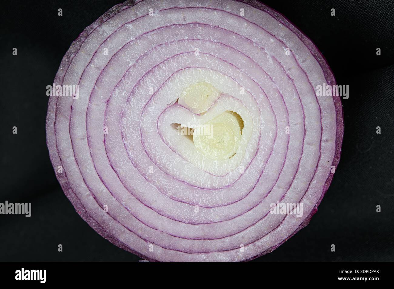 Close up sliced red onion on black background Stock Photo