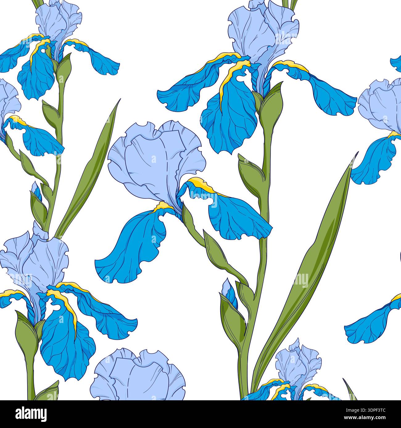 blue irises, branch with flowers, seamless vector pattern. Stock Vector
