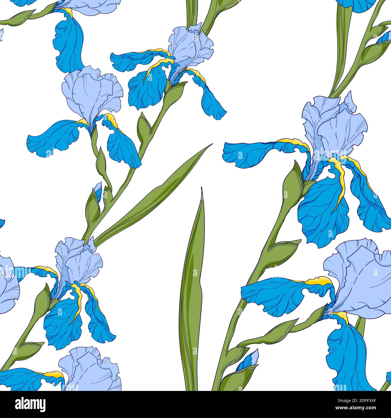 blue irises, branch with flowers, seamless vector pattern Stock Vector