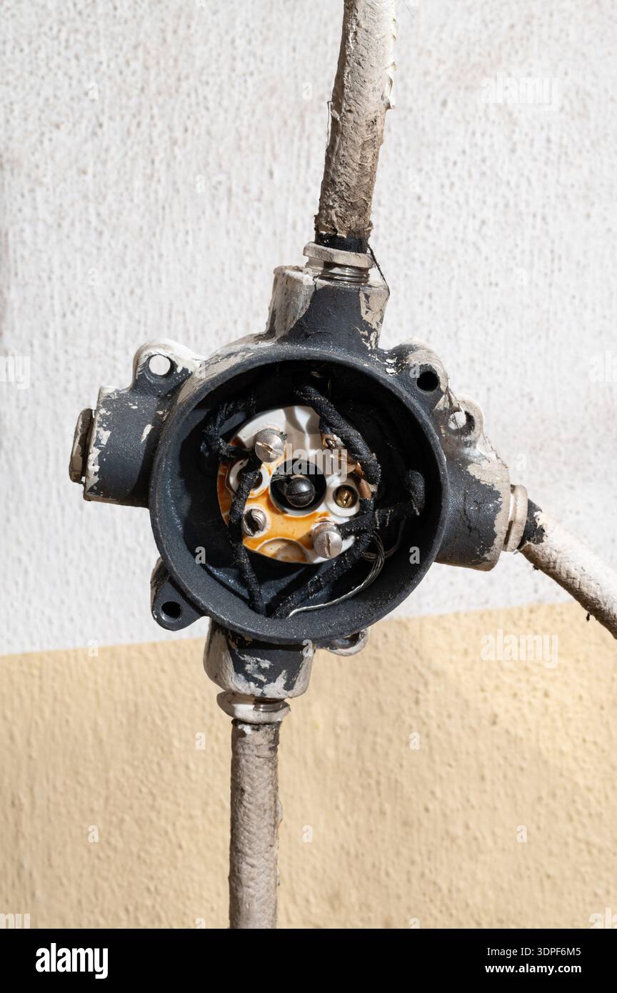 Open Junction Close-up of an open electrical junction box with exposed copper wiring ...