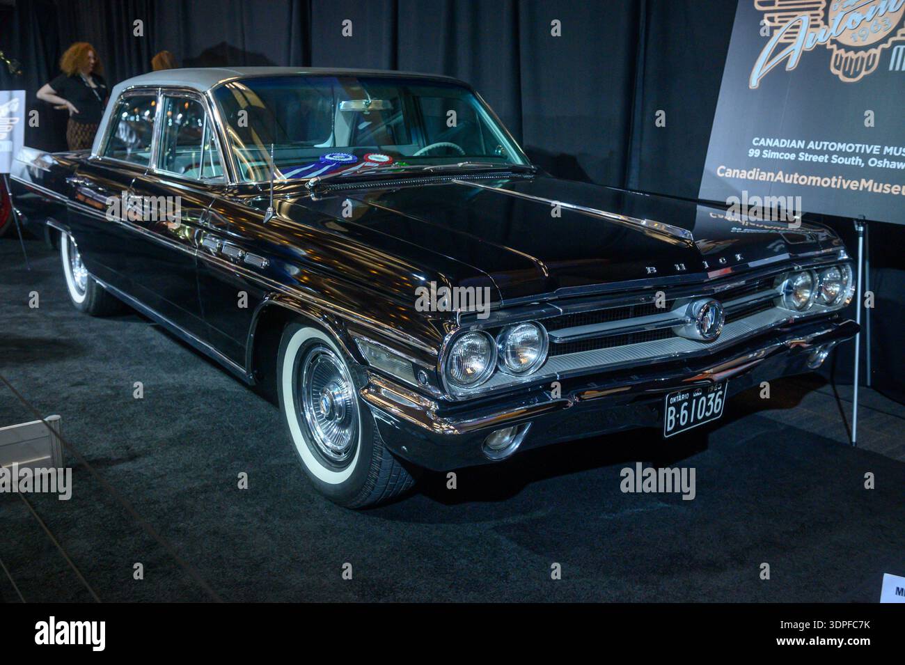 Toronto, ON, Canada - February 13, 2026: Vintage black Buick sedan with chrome details and whitewall tires displayed at the Canadian International Aut Stock Photo