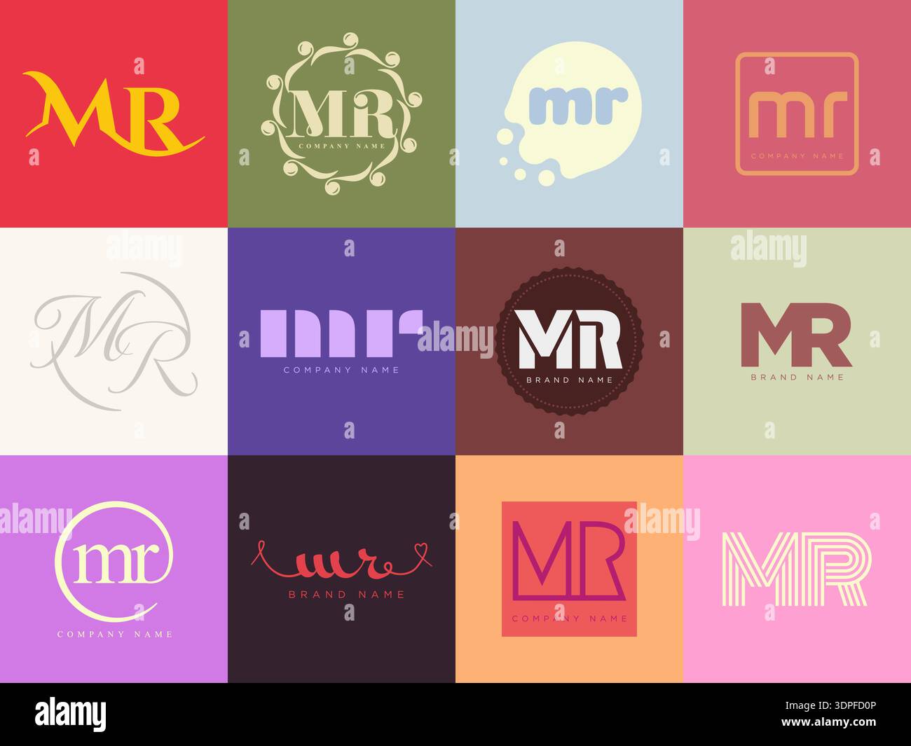 MR logo company template. Letter m and r logotype. Set different classic serif lettering and modern bold text with design elements. Initial font typog Stock Vector