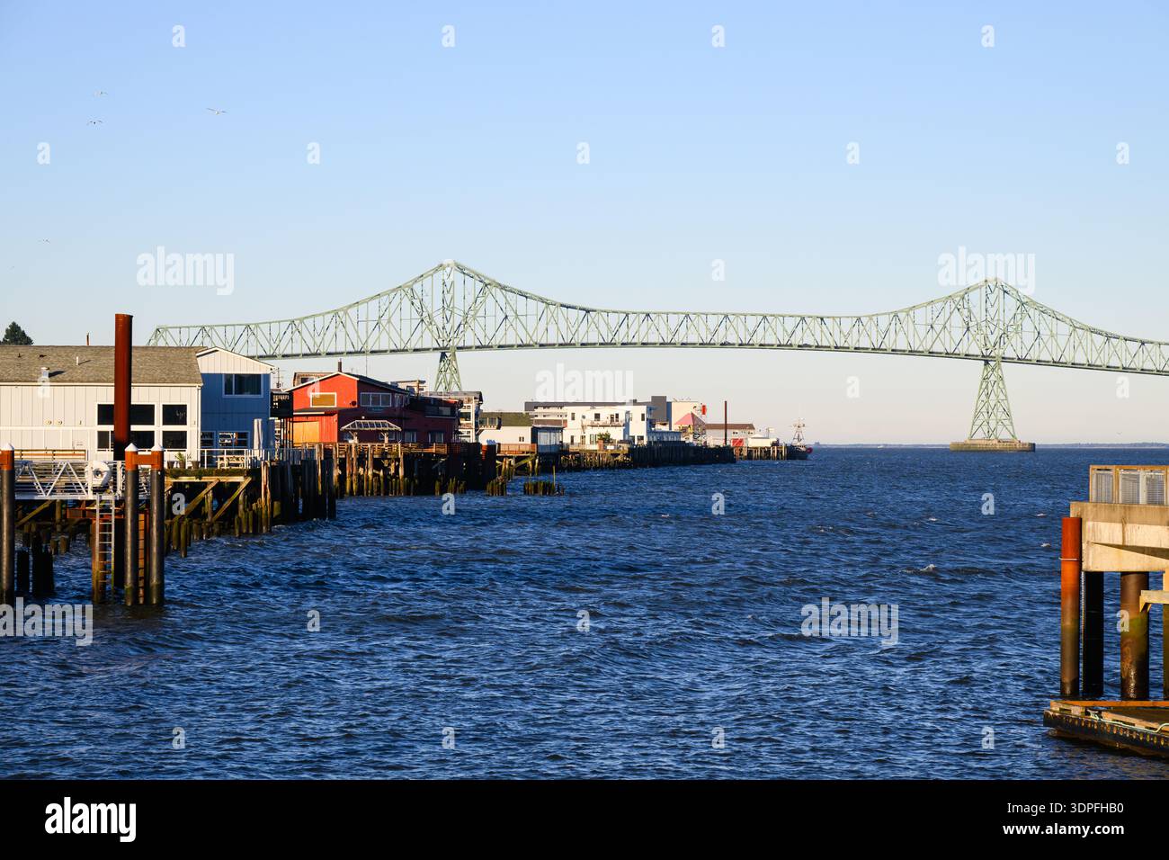 Astoria, OR, USA - January 20, 2026; Astoria Megler Bridge over the Columbia River view along downtown waterfront Stock Photo