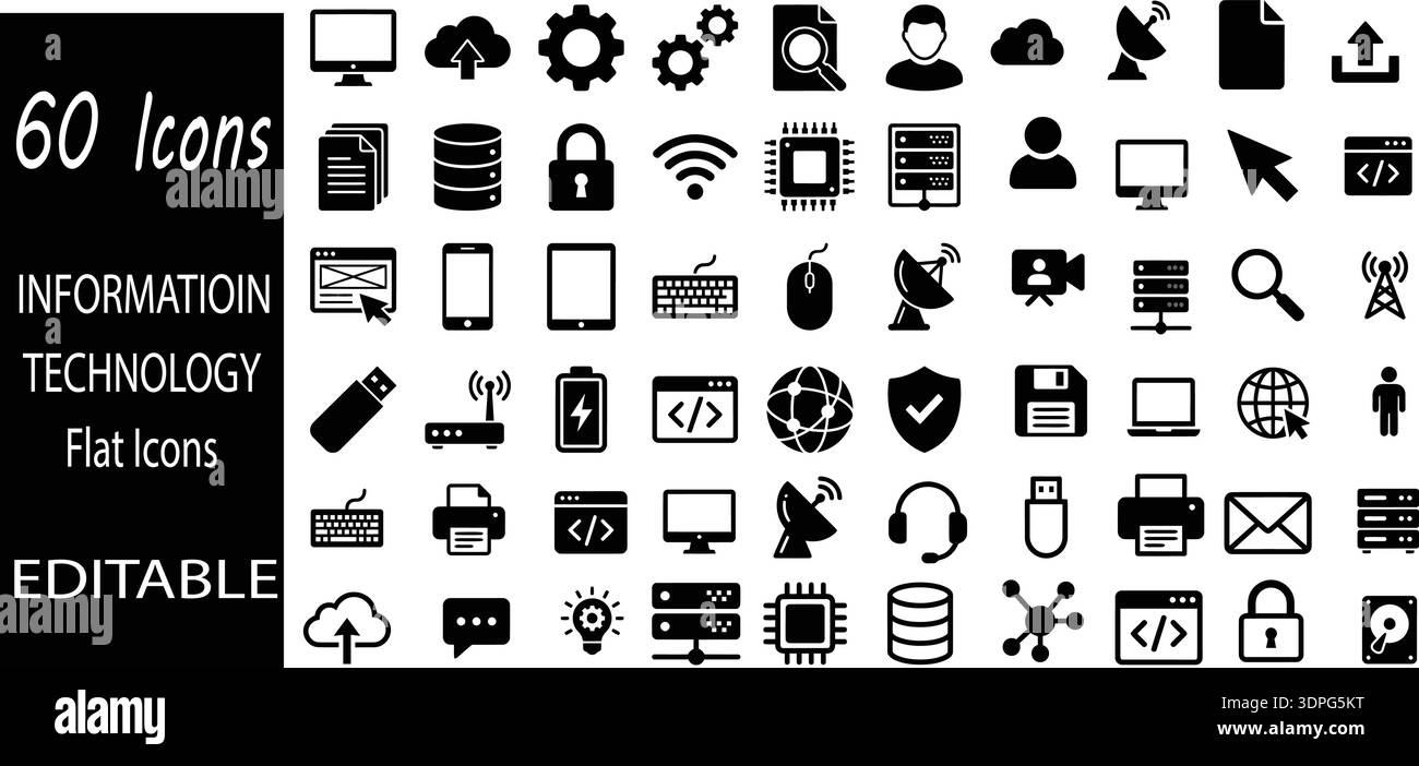 Information Technology Flat Icons Set Editable Vector Collection, Cloud Computing, Server, Database, Coding and Network Symbols Stock Vector