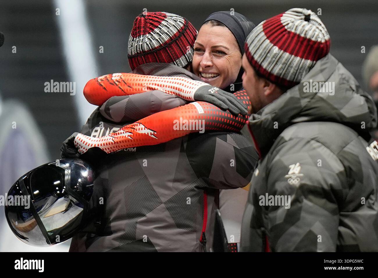 Austria's gold medalist Janine Flock celebrates as she arrives at the ...