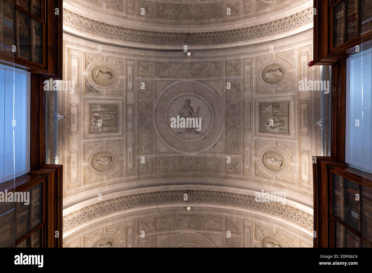 Turin Library Turin, Italy - Aug 11, 2025: Ornate neoclassical stucco ceiling with ...