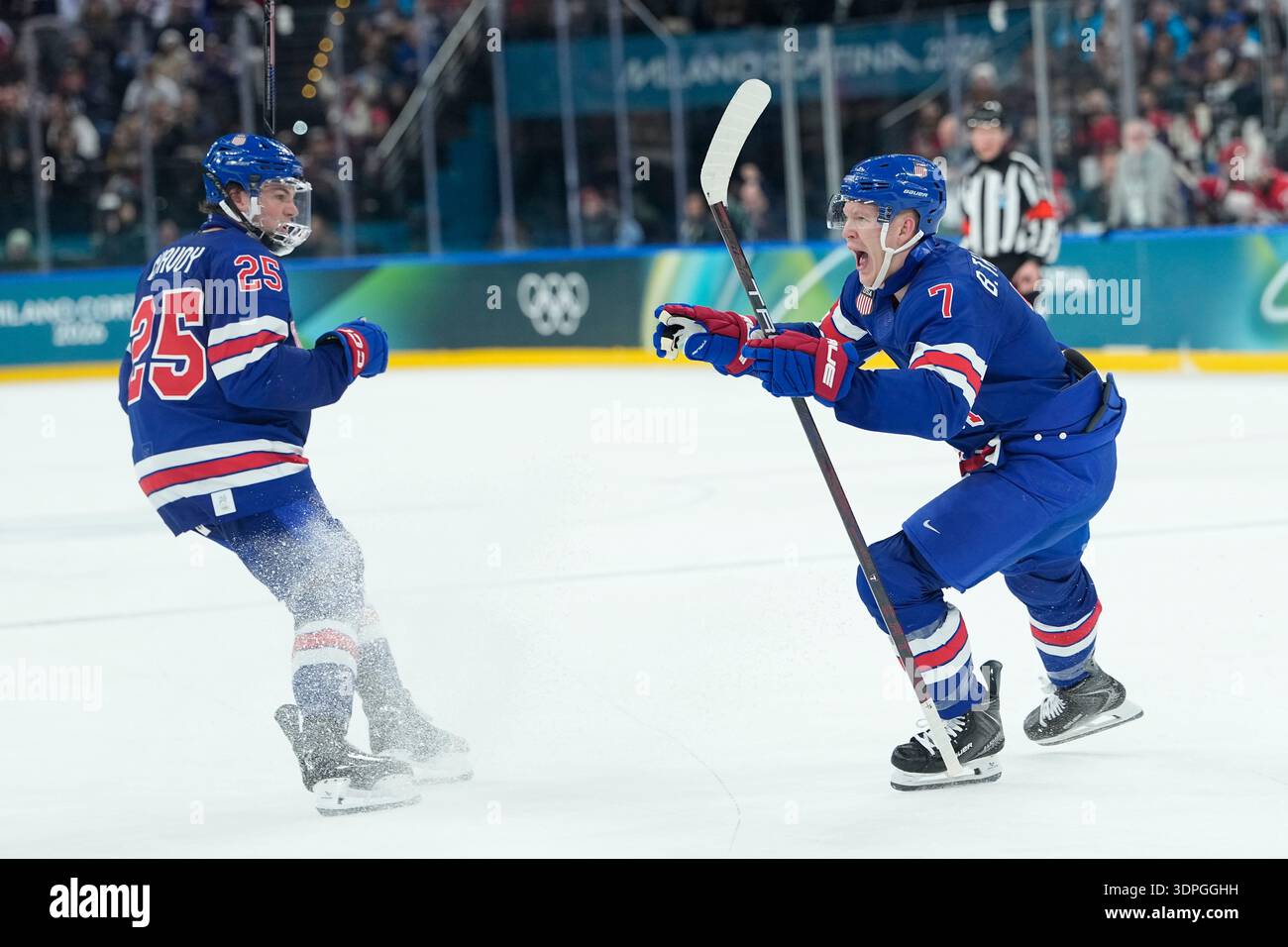 United States' Brady Tkachuk, right, celebrates after scoring his side ...