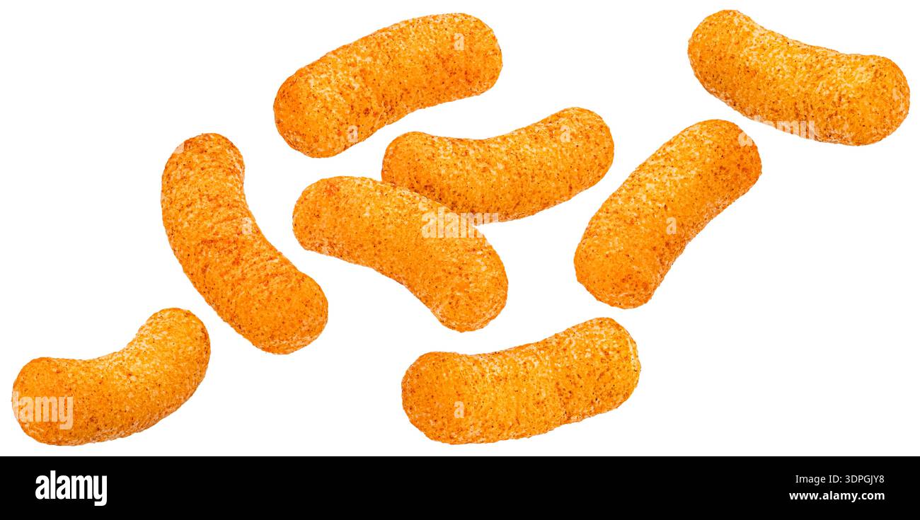 Crispy corn sticks, crunchy texture with salted coating isolated on white background, full depth of field Stock Photo