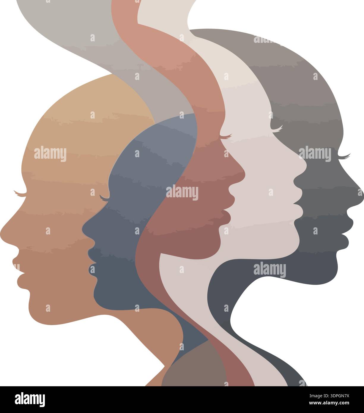 Overlapping female profile silhouettes showing diversity with horizontal watercolor texture on a white background Stock Vector