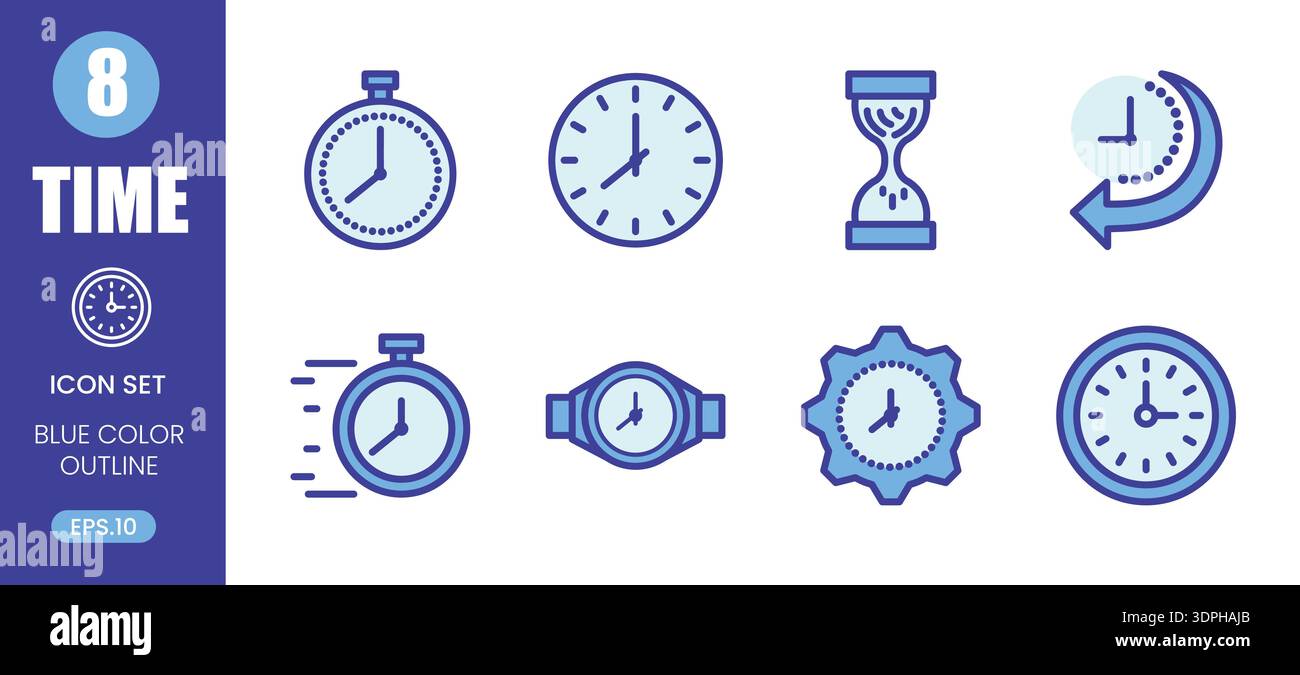 Blue outline time icon collection with clock, stopwatch, timer and ...