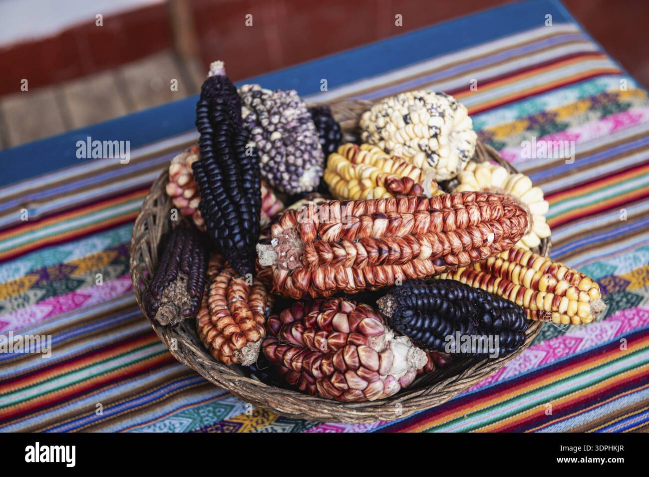 Different types of corn in blue, red, yellow and purple, Peru Stock Photo
