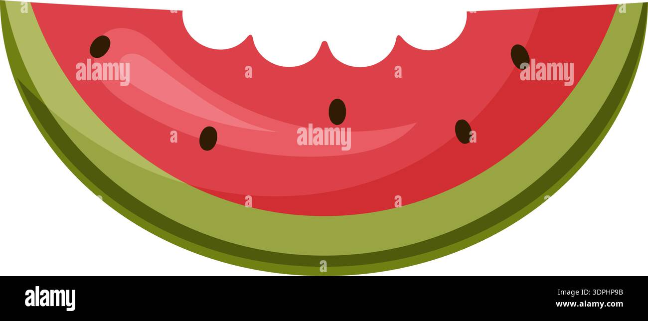 Watermelon Rind Cartoon Watermelon slice with bite, smiling rind glossy red flesh dotted with ...