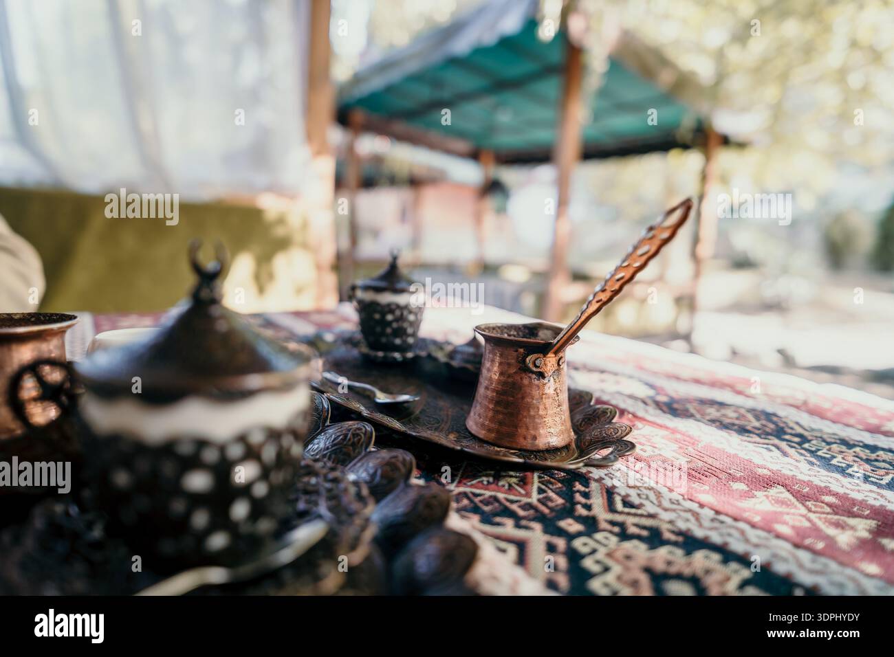 Traditional Turkish Coffee Setup on a Table Stock Photo
