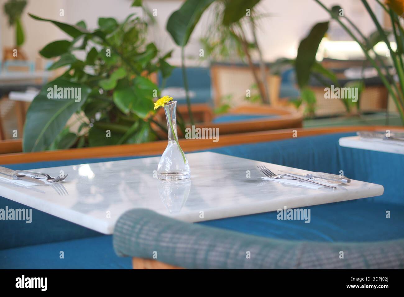 Table set with flower in restaurant during daytime Stock Photo