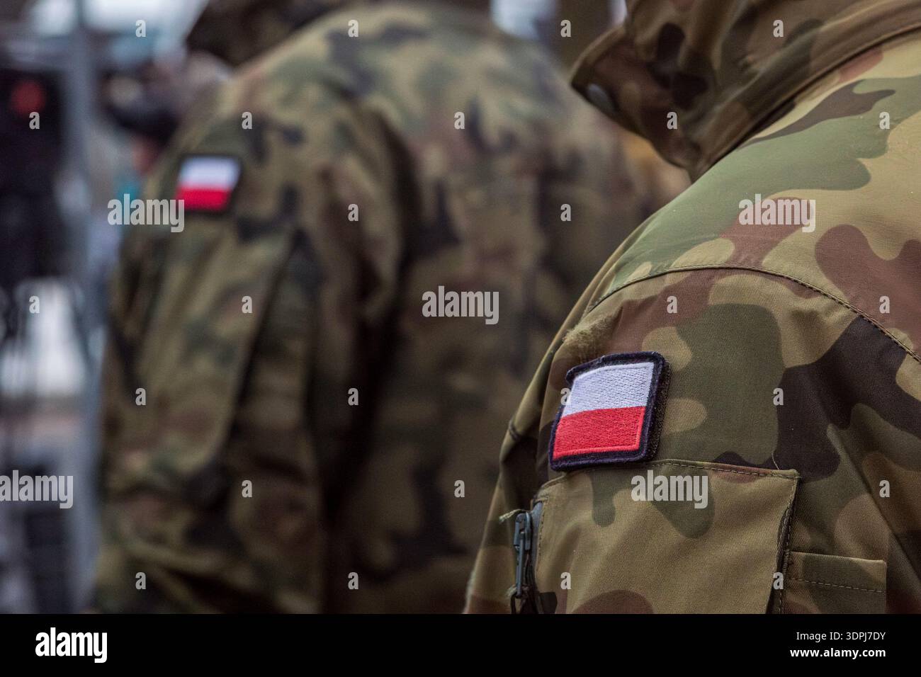 The Polish flag is seen on the uniforms of soldiers of the Polish army ...