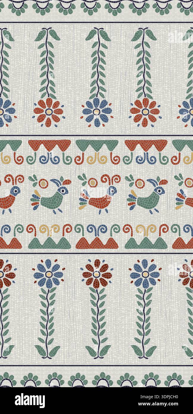 Decorative mosaic seamless pattern with birds and flowers. Vector template design. Stock Vector