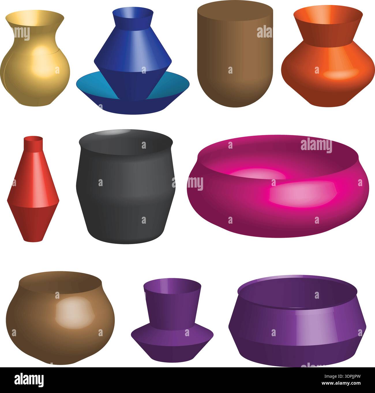 Vibrant 3D Rendered Vases and Bowls Set Stock Vector