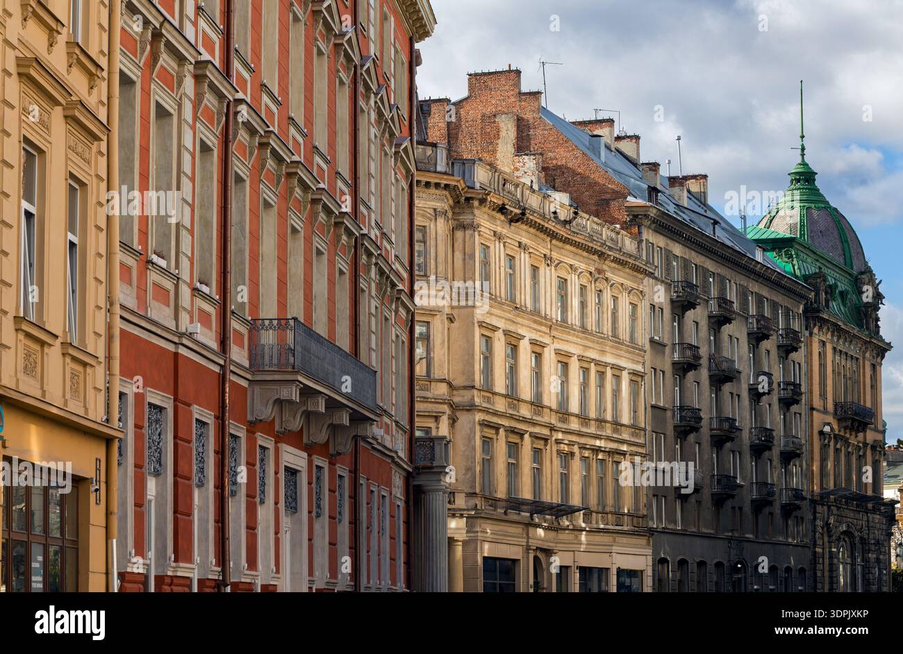 A detailed view of diverse architectural styles lining a European ...