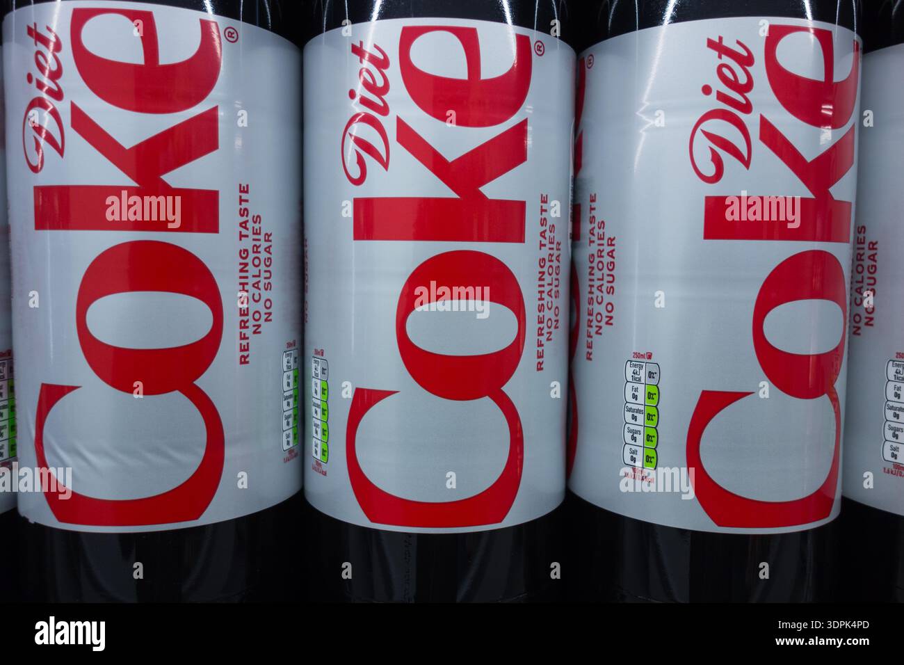 Closeup of Diet Coke plastic bottles on a supermarket shelf Stock Photo
