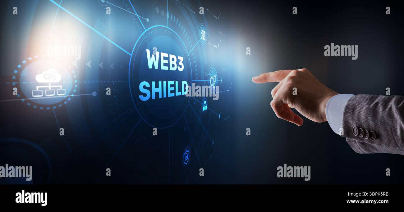 Web3 Shield, Cybersecurity, Advanced Web3 shield technology with blockchain protection protocols. Stock Photo