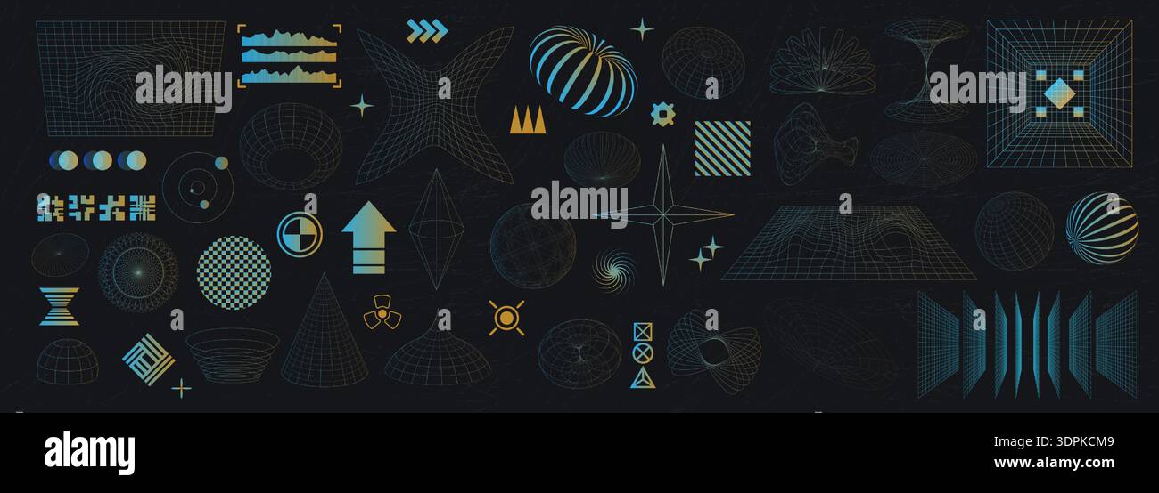 Tech icons. 3D abstract gradient shapes. Futuristic wireframe wave or ...