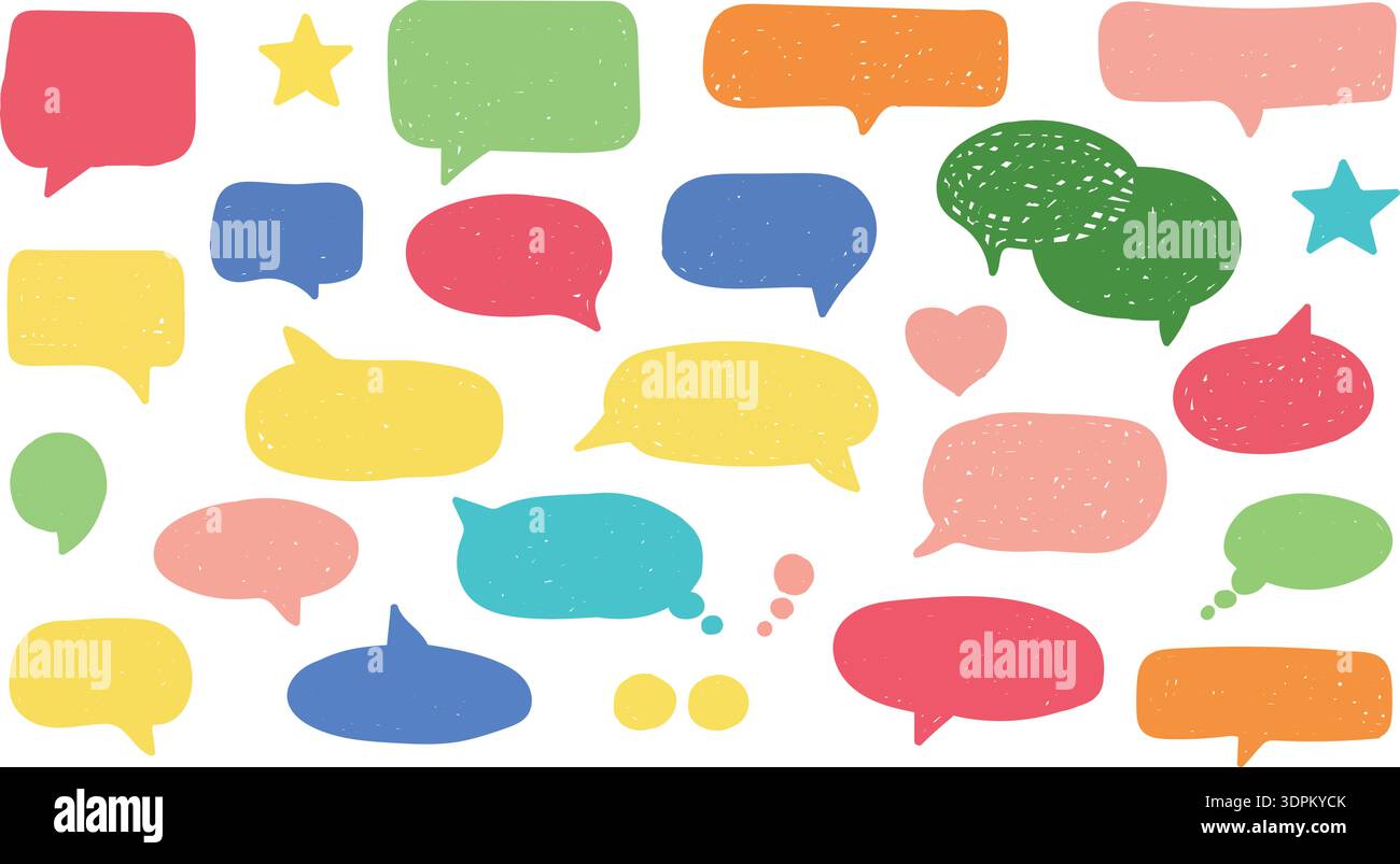 Colorful Hand-Drawn Speech Bubbles and Decorative Elements in Playful Cartoon Style Featuring Text Balloons, Thought Clouds, Stars, and Hearts. Stock Vector
