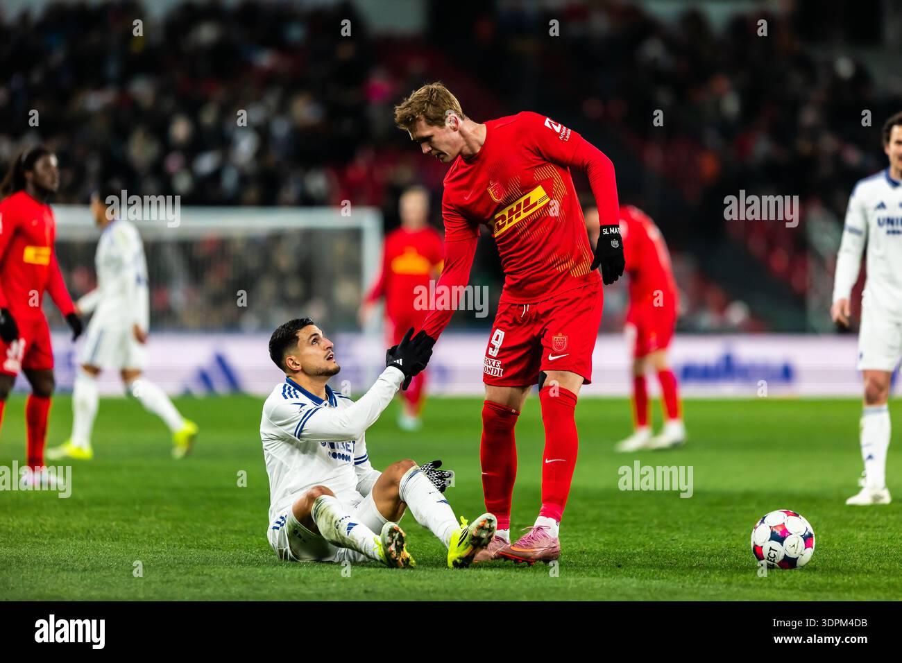 Copenhagen, Denmark. 14th Feb, 2026. Ola Solbakken (9) of FC Nordsjaelland and Mohamed Elyounoussi of FC Copenhagen seen during the 3F Superliga match between FC Copenhagen and FC Nordsjaelland at Parken in Copenhagen, Denmark. 14th Feb, 2026. Ola Solbakken (9) of FC Nordsjaelland and Mohamed Elyounoussi of FC Copenhagen seen during the 3F Superliga match between FC Copenhagen and FC Nordsjaelland at Parken in