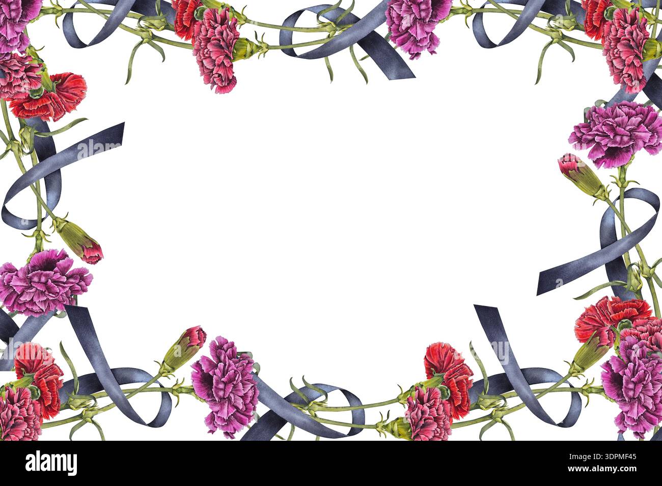 Watercolor rectangular floral frame with red and pink carnations and ...