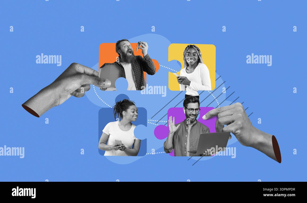 Collage Showing People Connecting and Interacting With Technology on a Blue Background Stock Photo