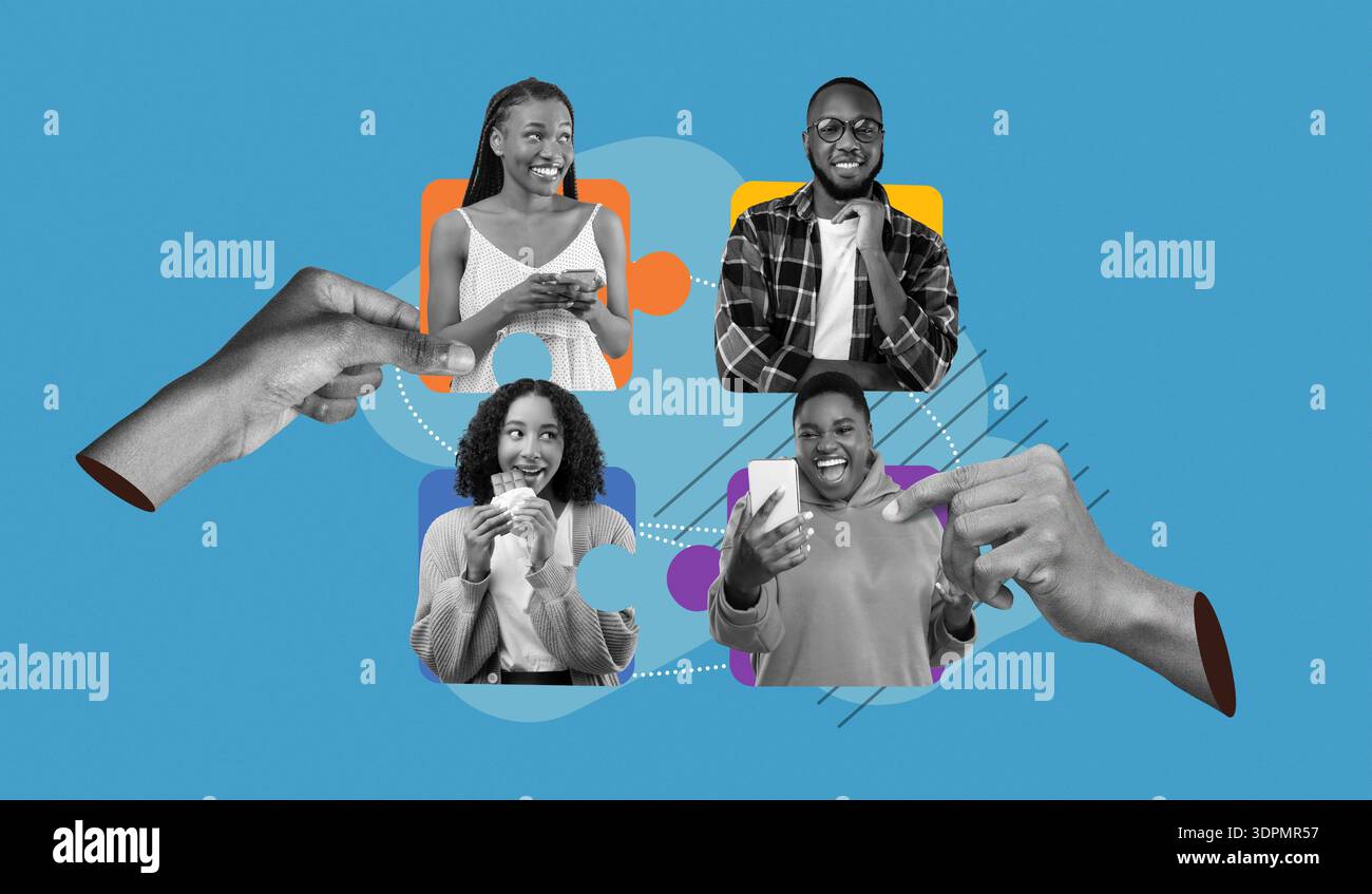 Collage Showing Diverse People Interacting Using Mobile Devices in a Lively Setting Stock Photo