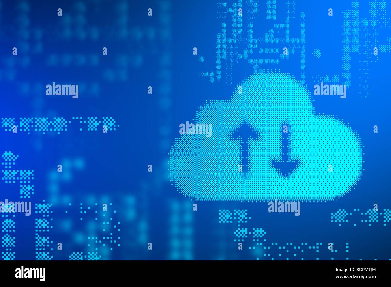 Cloud storage and data transfer icons with blue digital background and binary code elements Stock Photo
