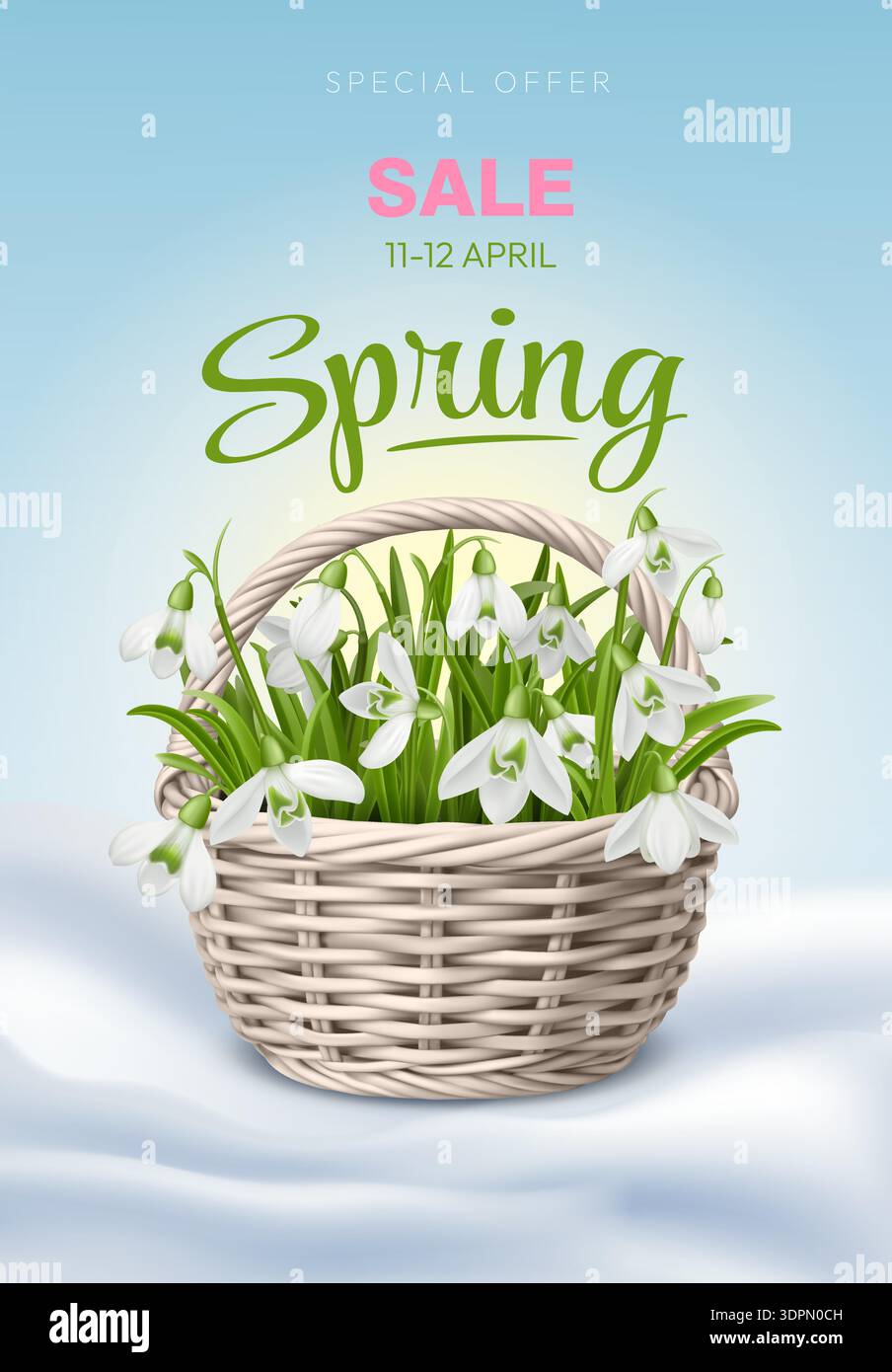 Spring Snowdrops in Basket advertising banner Stock Vector