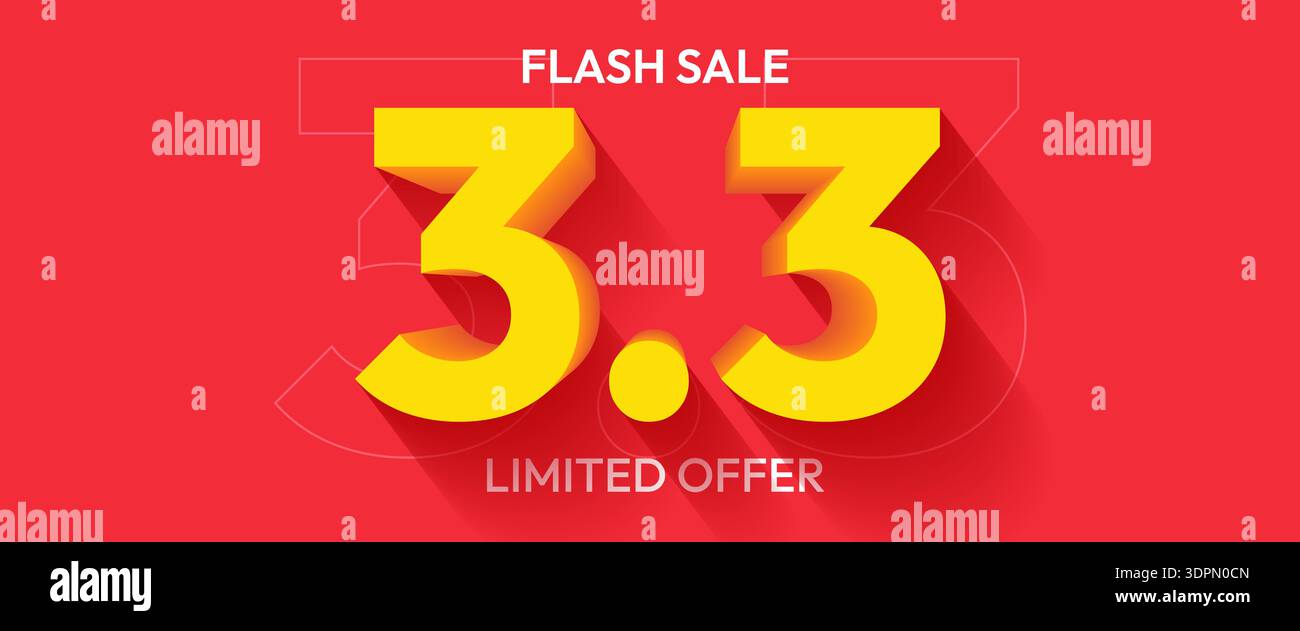 Flash Sale 3.3 Limited Offer banner on red background, featuring bold yellow numbers. Vector illustration. Stock Vector
