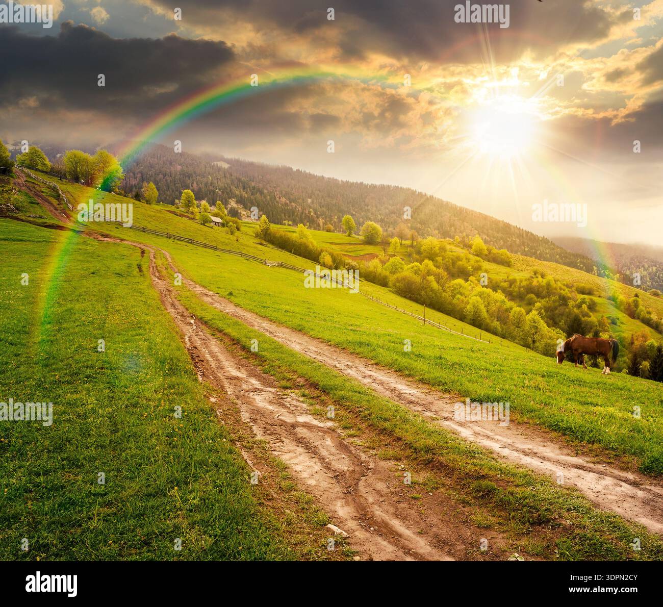 dirt road winding through green rolling hills at sunset. rural landscape in mountain range in evening light. countryside vista in spring. parks and ou Stock Photo