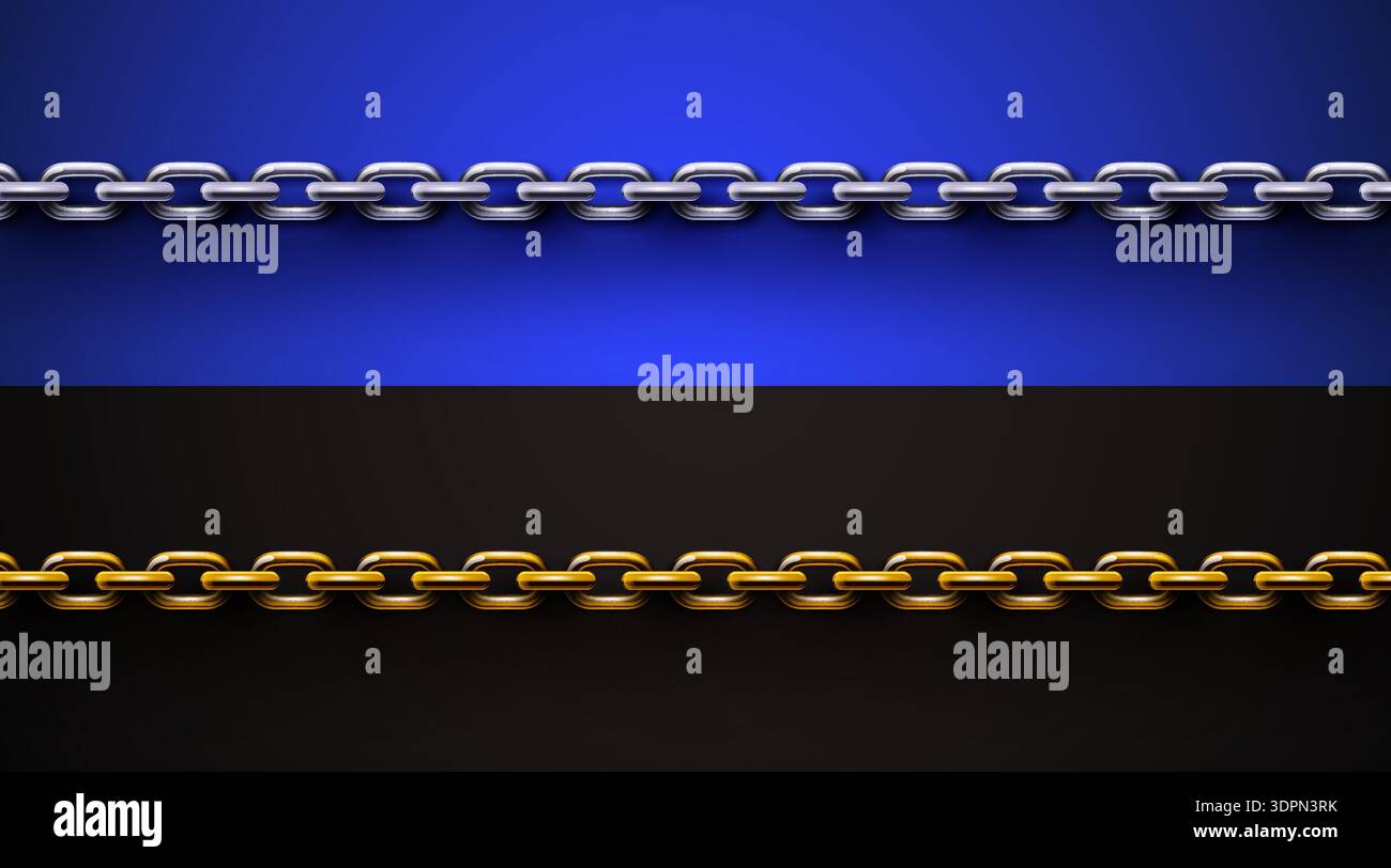 Contrast Chain Design Two realistic metal chains, silver and gold, on a split blue and black ...