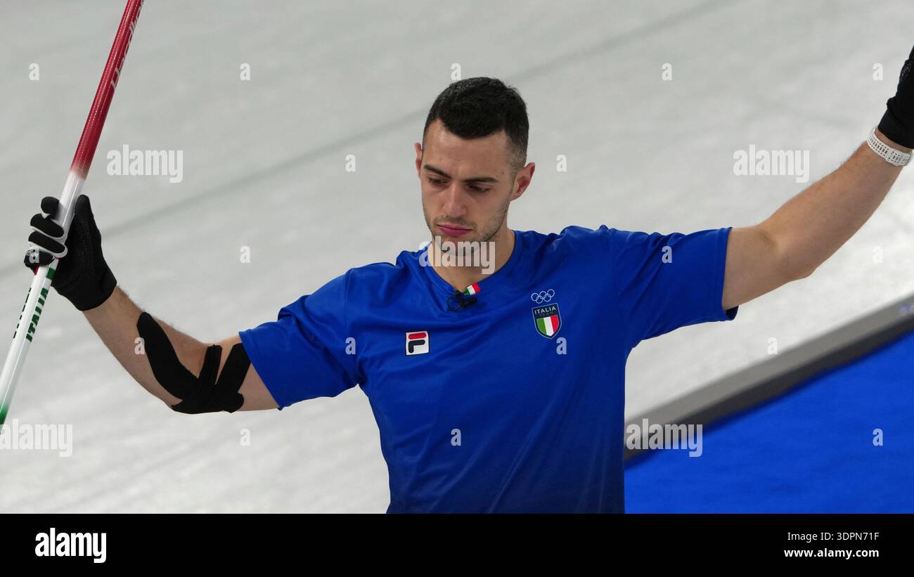 Italy's Sebastiano Arman reacts during the men's curling round robin ...