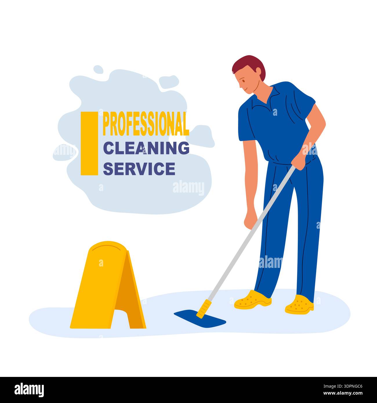 Man mopping the floor and placing a wet floor sign. Professional cleaning service. Flat vector illustration for business Stock Vector
