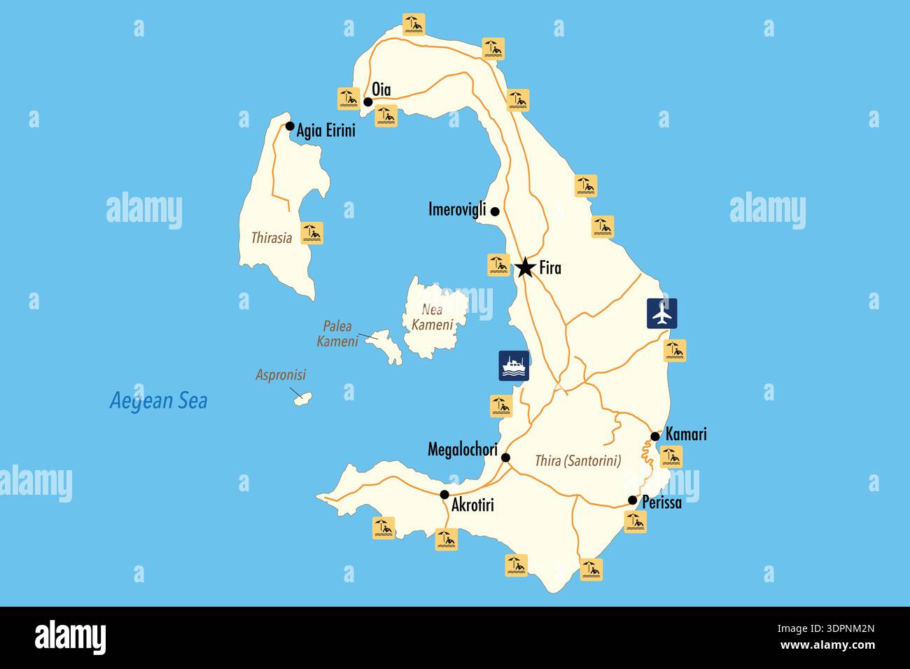 Santorini Tourist Map Showing Villages Airport Ferry Port and Famous ...
