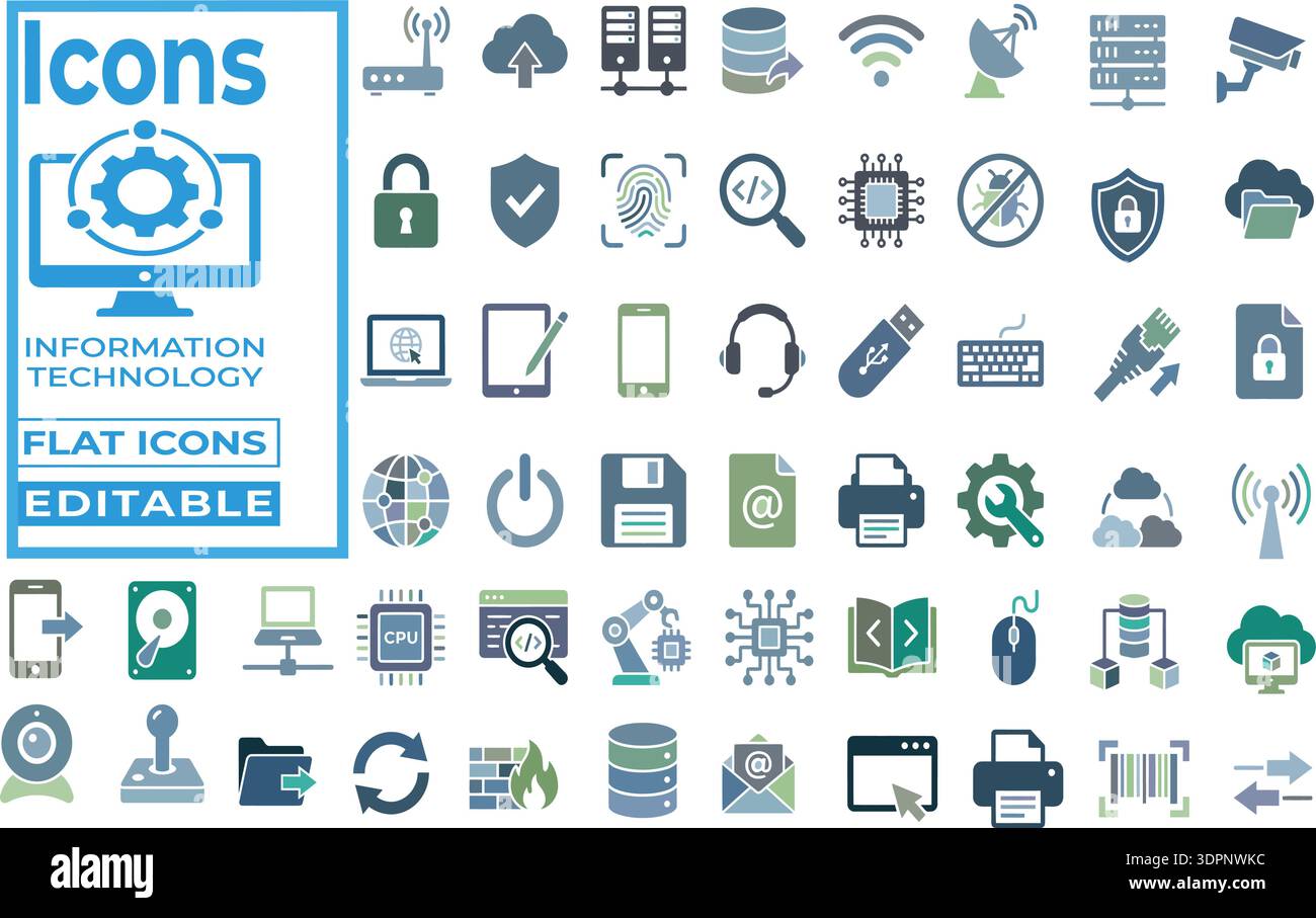 Information Technology Flat Icons Set – Editable IT, Network, Cybersecurity and Cloud Computing Vector Collection Stock Vector