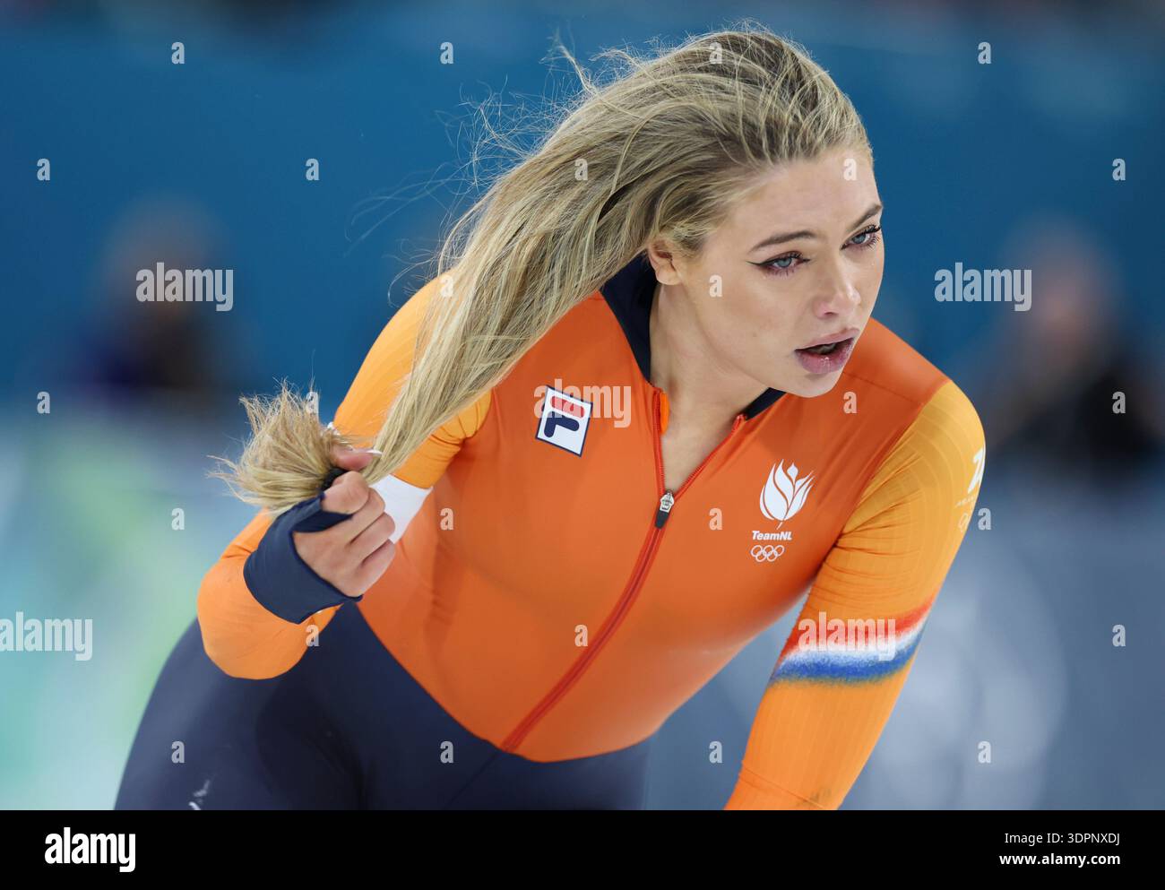 Jutta Leerdam (15-O) of the Netherlands reacts after setting a new