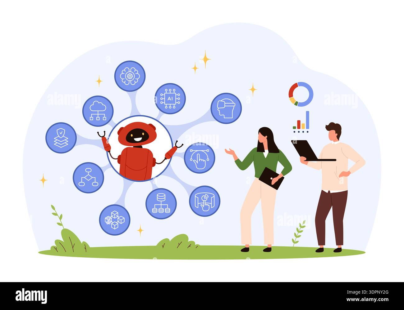 Team of developers interacting with friendly robot surrounded by ...