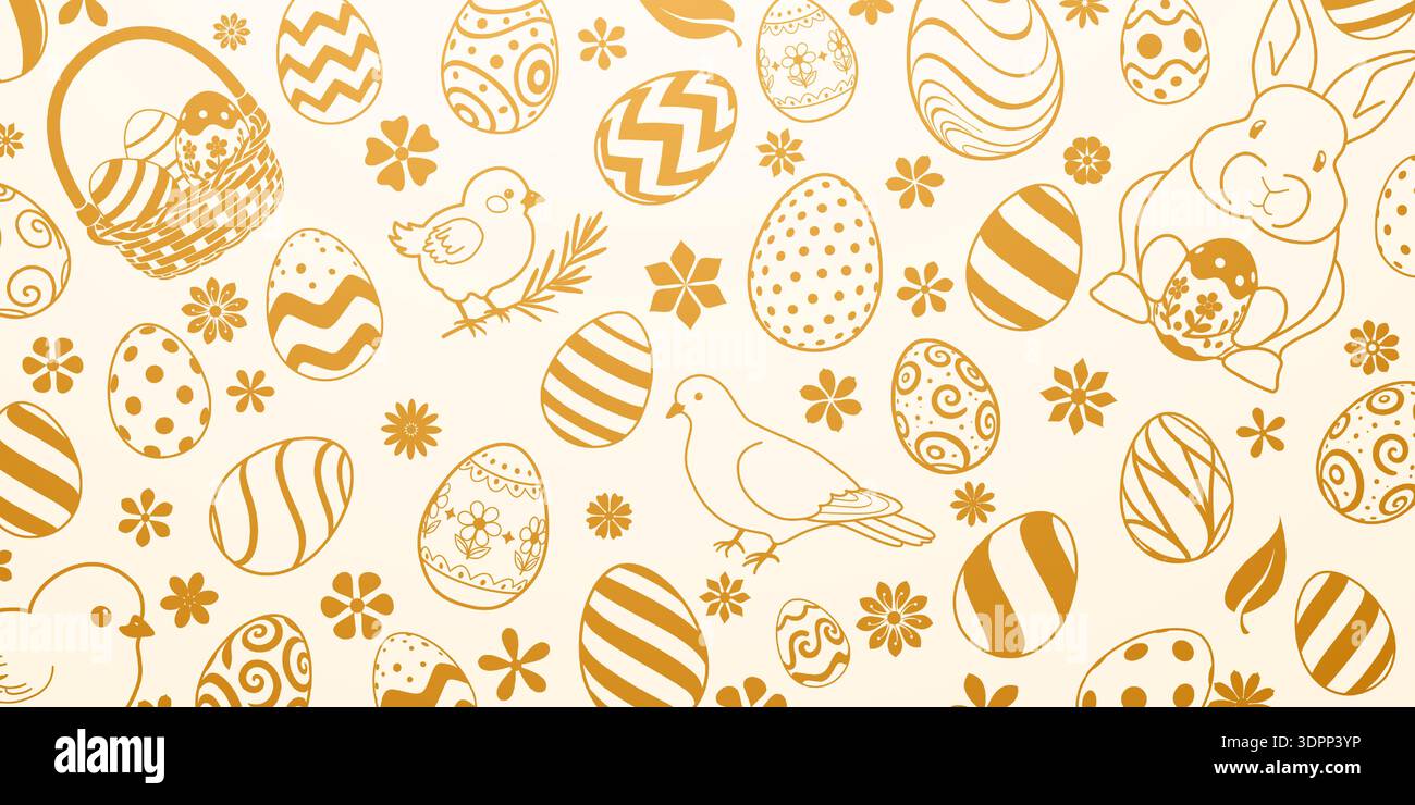 Yellow easter background with eggs, flowers, birds, and bunny, featuring various patterns and designs. Stock Vector